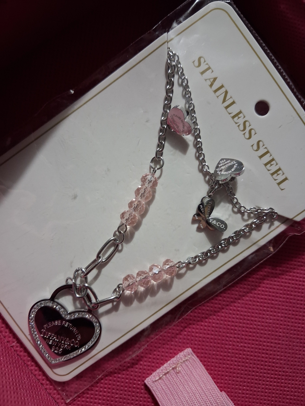 Stainless Steel Pink Heart Charm Bracelet